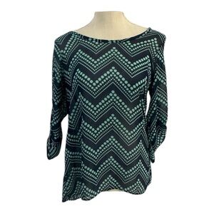 Peaches N Cream Sz M Top Blouse 3/4 Sleeve Blue Geometric Polka Dot Sheer Shirt
